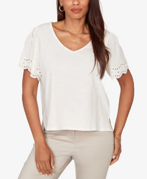 Petite Eyelet Poplin Sleeve Slub Knit Top - Ivory