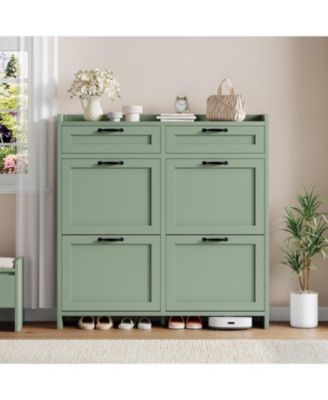 Shoe Cabinet with 4 Flip Drawers & 2 Top Drawers, Wooden Shoe Organizer Cabinet with Adjustable Shelf