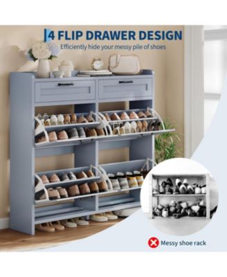 Shoe Cabinet with 4 Flip Drawers & 2 Top Drawers, Wooden Shoe Organizer Cabinet with Adjustable Shelf
