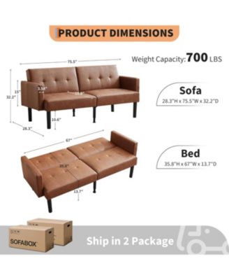 75.5” Convertible Futon Sofa Bed, PU Leather Small Couch Sofa with Wood Legs & 700lbs Capacity, Adjustable Folding Loveseat