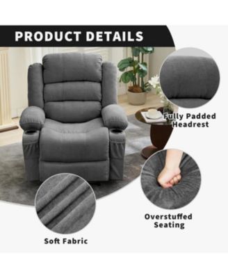 Recliner Chair, Comfy Overstuffed Chair with 3 Reclining Positions, 2 Side Pockets, 2 Front Pockets, Cup Holder
