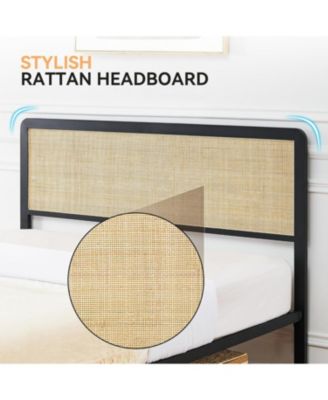 Rattan Queen Bed Frame with Cane Headboard, Boho Platform, Slat Support, No Box Spring, Easy Assembly