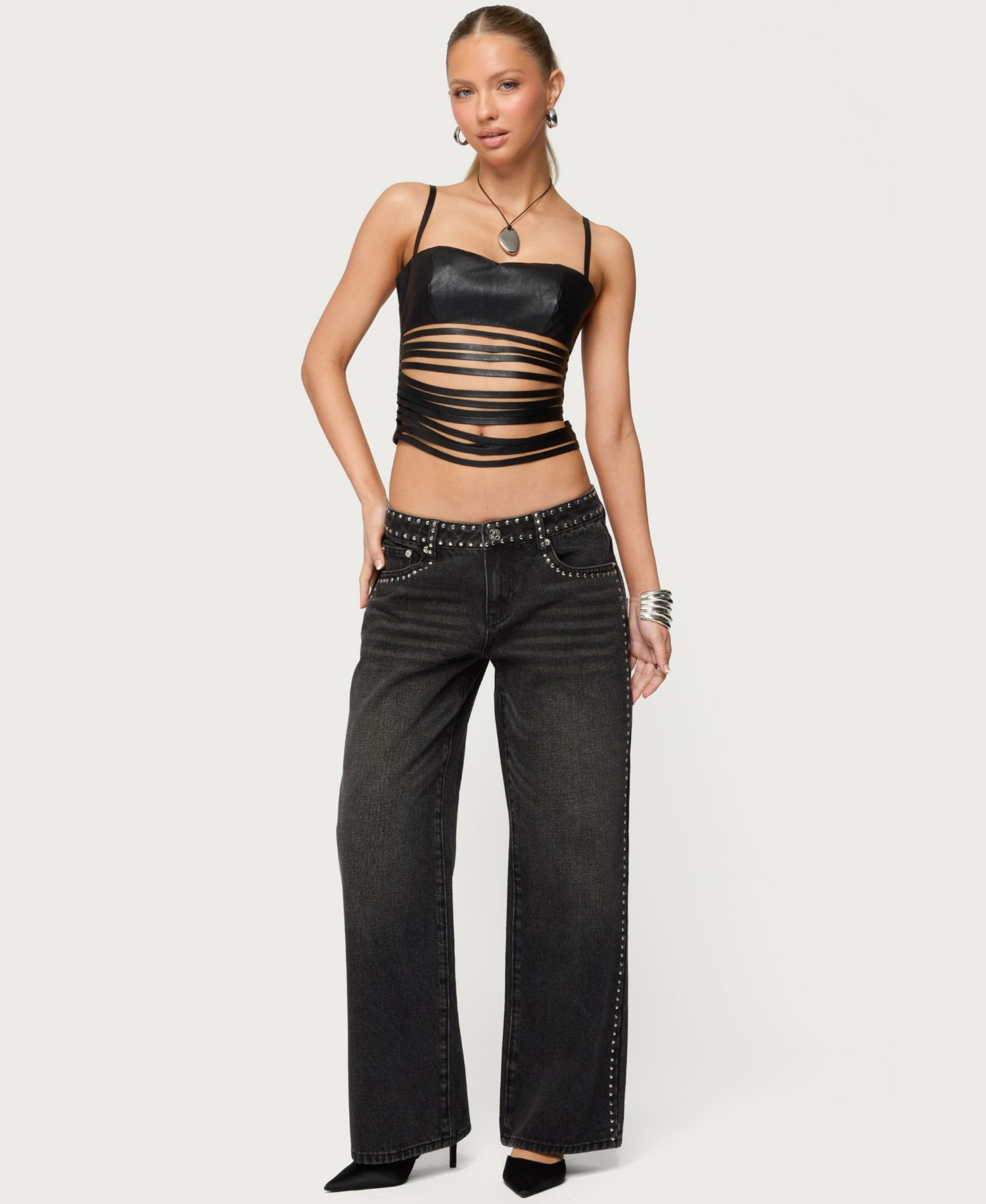 Women's Nia Cutout Shredded Faux Leather Top