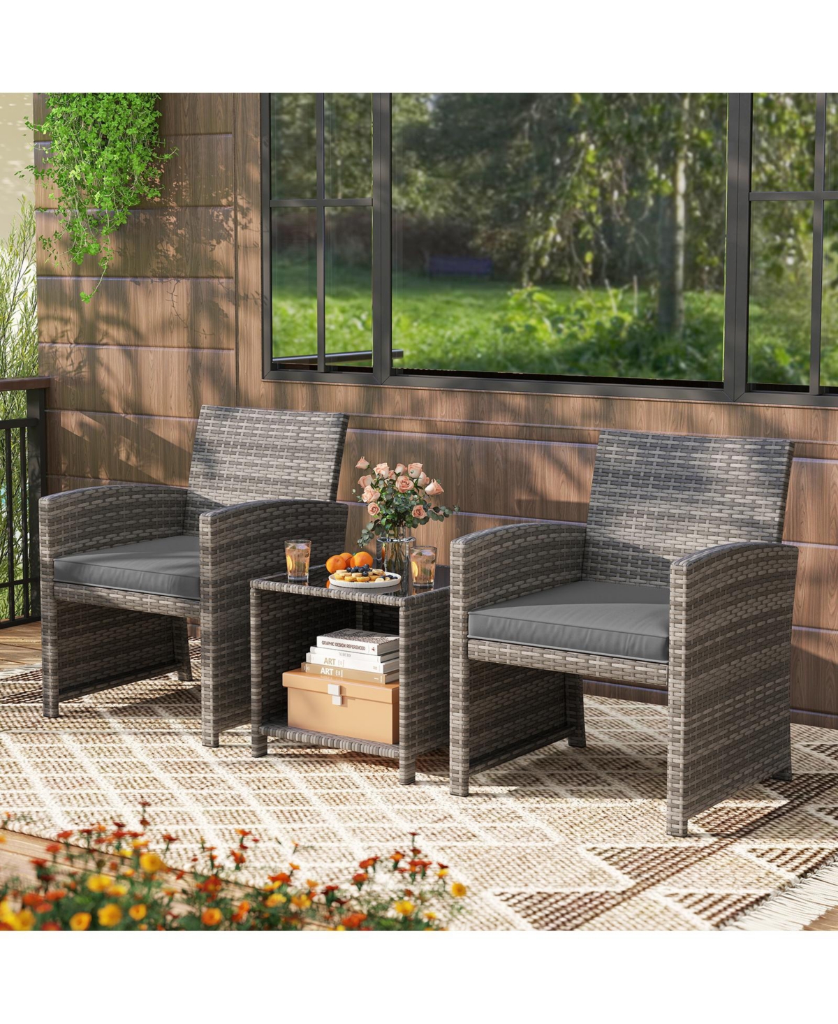 Gymax 3 Pieces Patio Furniture Set Pe Rattan Chairs w/ Storage Coffee Table
