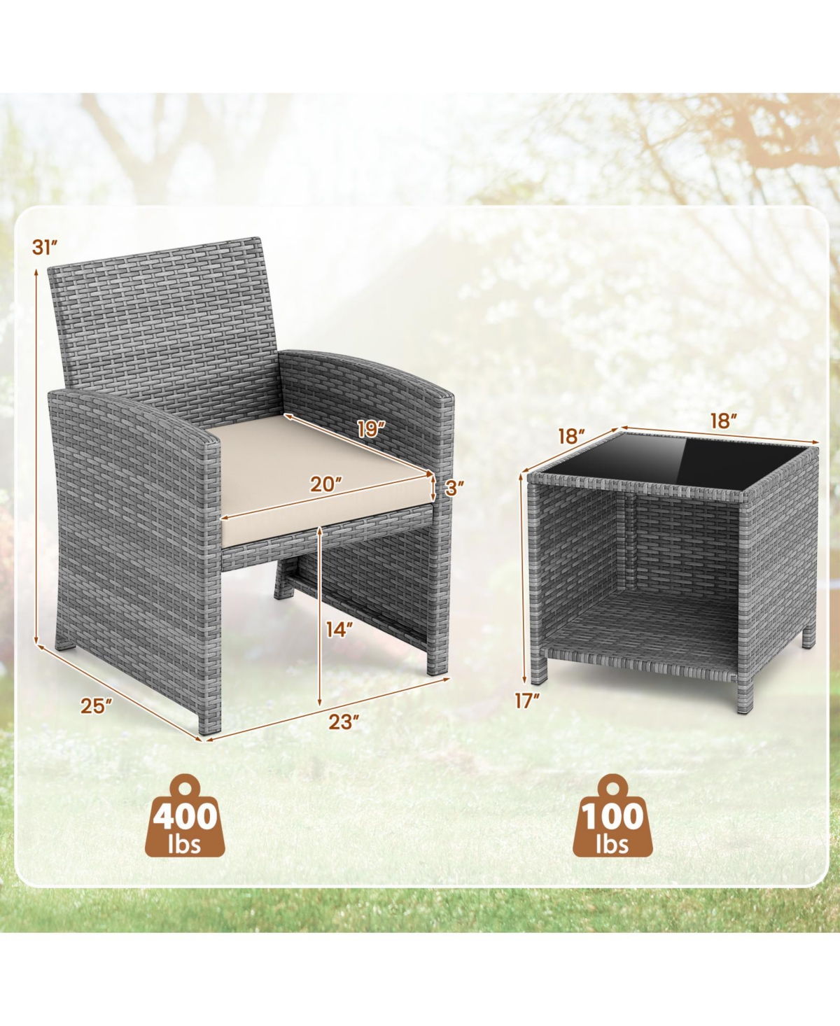 Gymax 3 Pieces Patio Furniture Set Pe Rattan Chairs w/ Storage Coffee Table