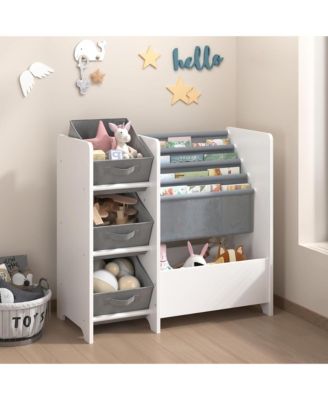 Wooden Bookshelf, 4 Tier Kids Book Display Unit with 3 Collapsible Fabric Drawers, Toy Storage Organizer for Playroom and Nursery