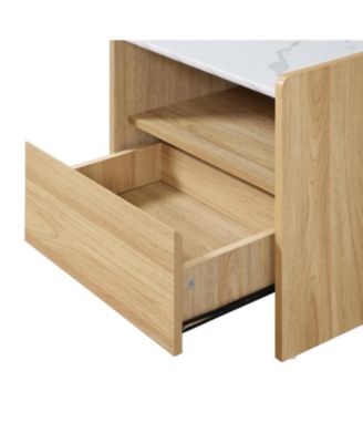 Hazel Oak Nightstand & End Table with Storage, Raised Sides, Faux Marble Top, Durable Manufactured Wood