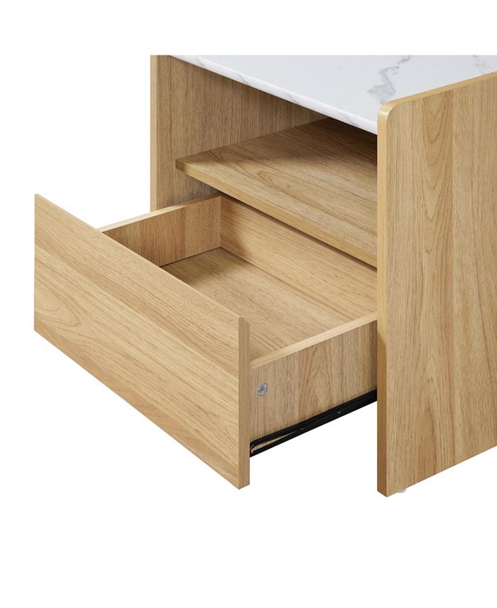 LuxenHome Hazel Oak Nightstand & End Table with Storage, Raised Sides, Faux Marble Top, Durable Manufactured Wood - Brown