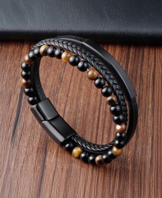 Men's Varen Cuff Tigers Eye Leather Bracelet in Stainless Steel