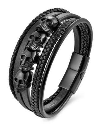 Men's Obsidian Skull Leather & Stainless Steel Bracelet