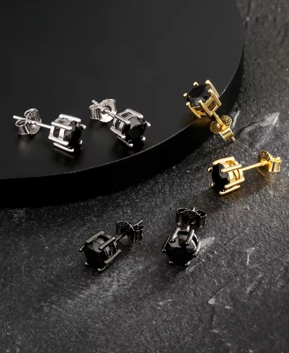 Rhona Sutton Men's Apex Round Black Stud Earrings in Sterling Silver