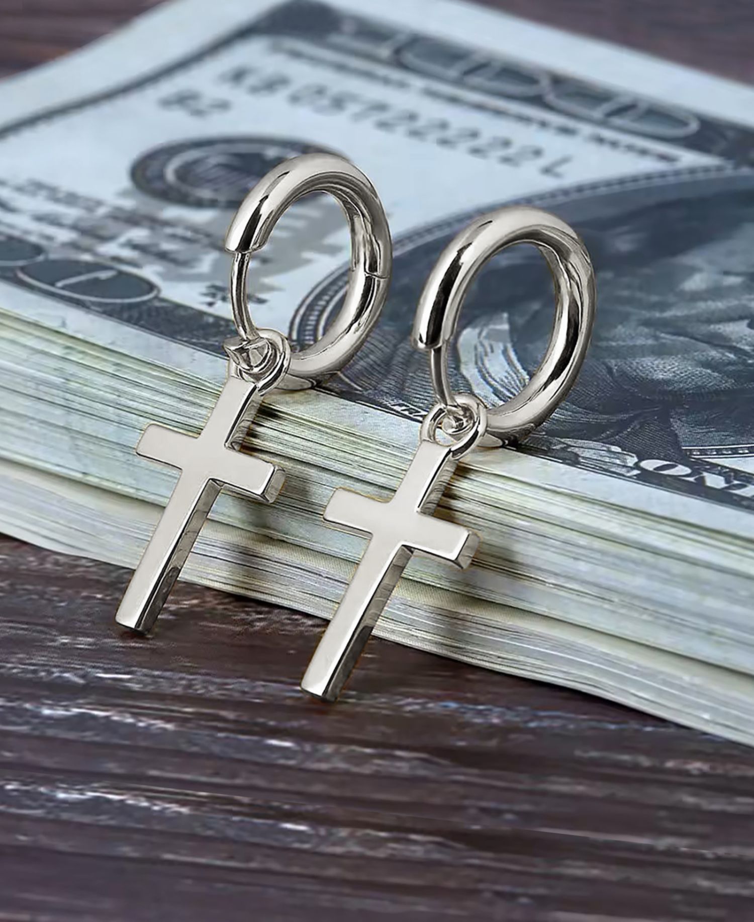 Men's Classic Cross Hoop Earrings in Sterling Silver