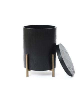 Black MDF Round Side Table, 21.8” Tall with Metal Stand & Storage