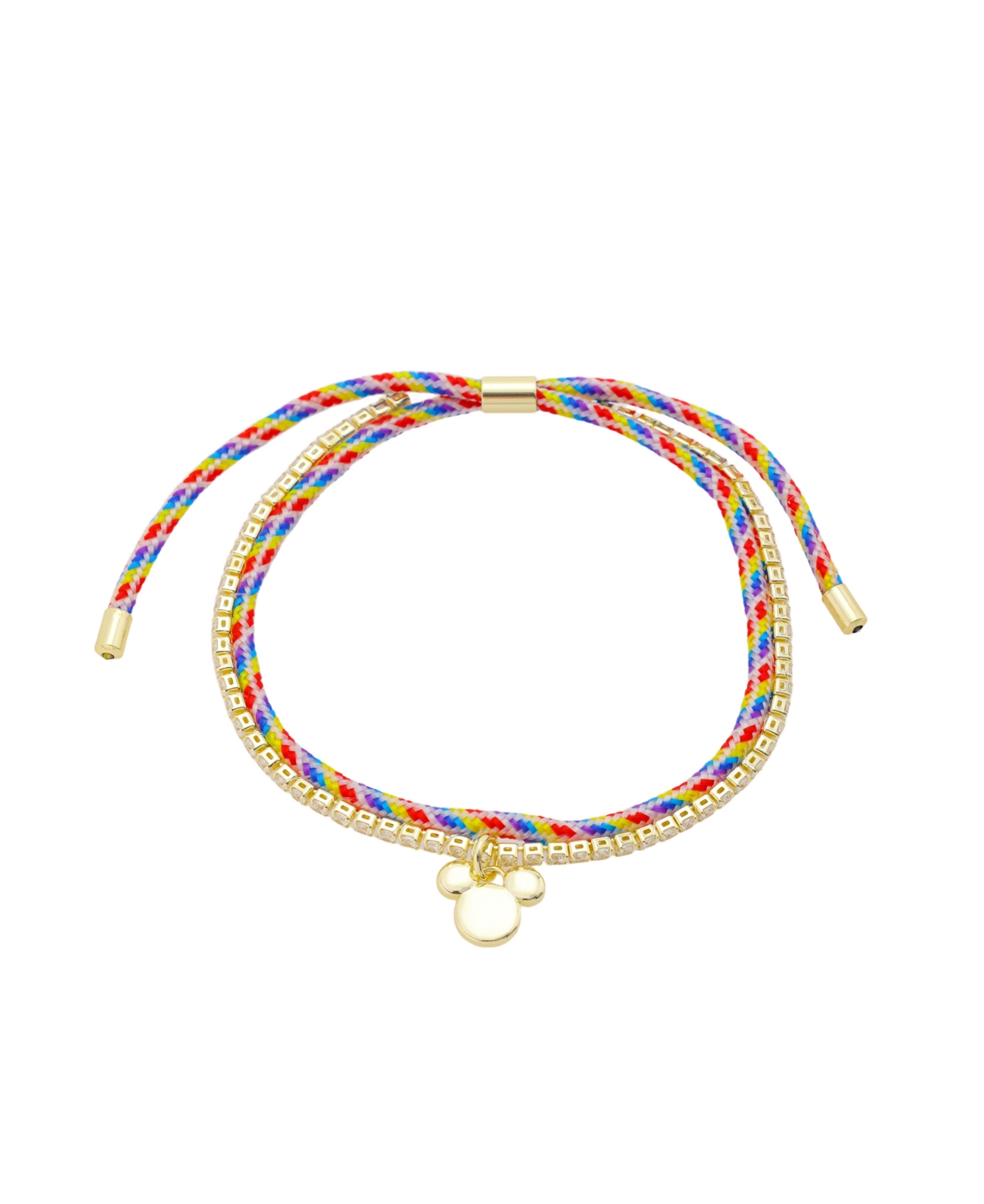 Disney Mickey Mouse Cubic Zirconia and Multi Color Cord Mickey Charm Bolo Bracelet - Gold