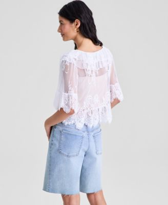 Women's Lace Short-Sleeve V-Neck Ruffle Woven Top