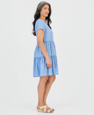 Petite Chambray Knit Tiered Dress