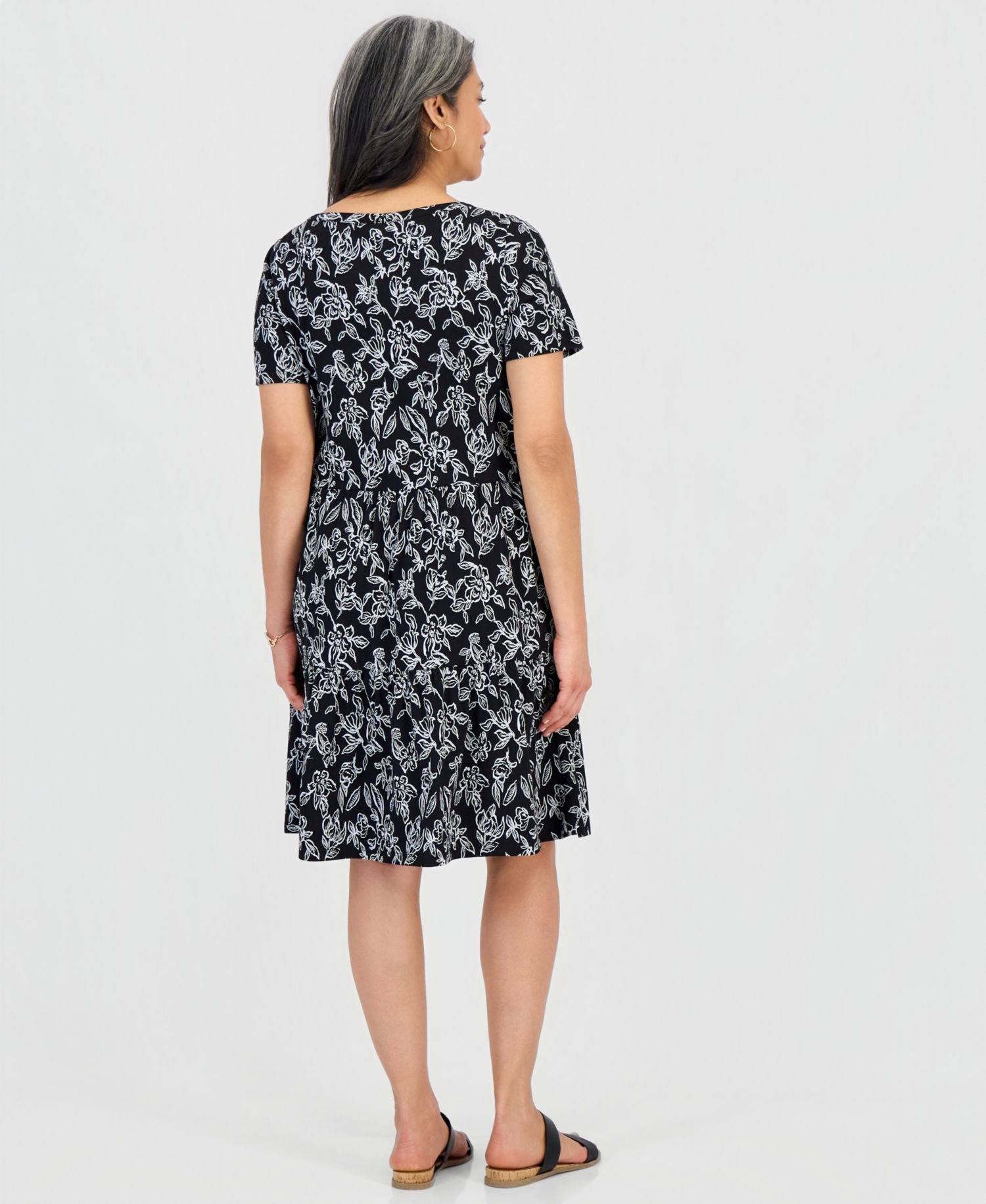 Petite Printed Short-Sleeve Tiered Knit Dress
