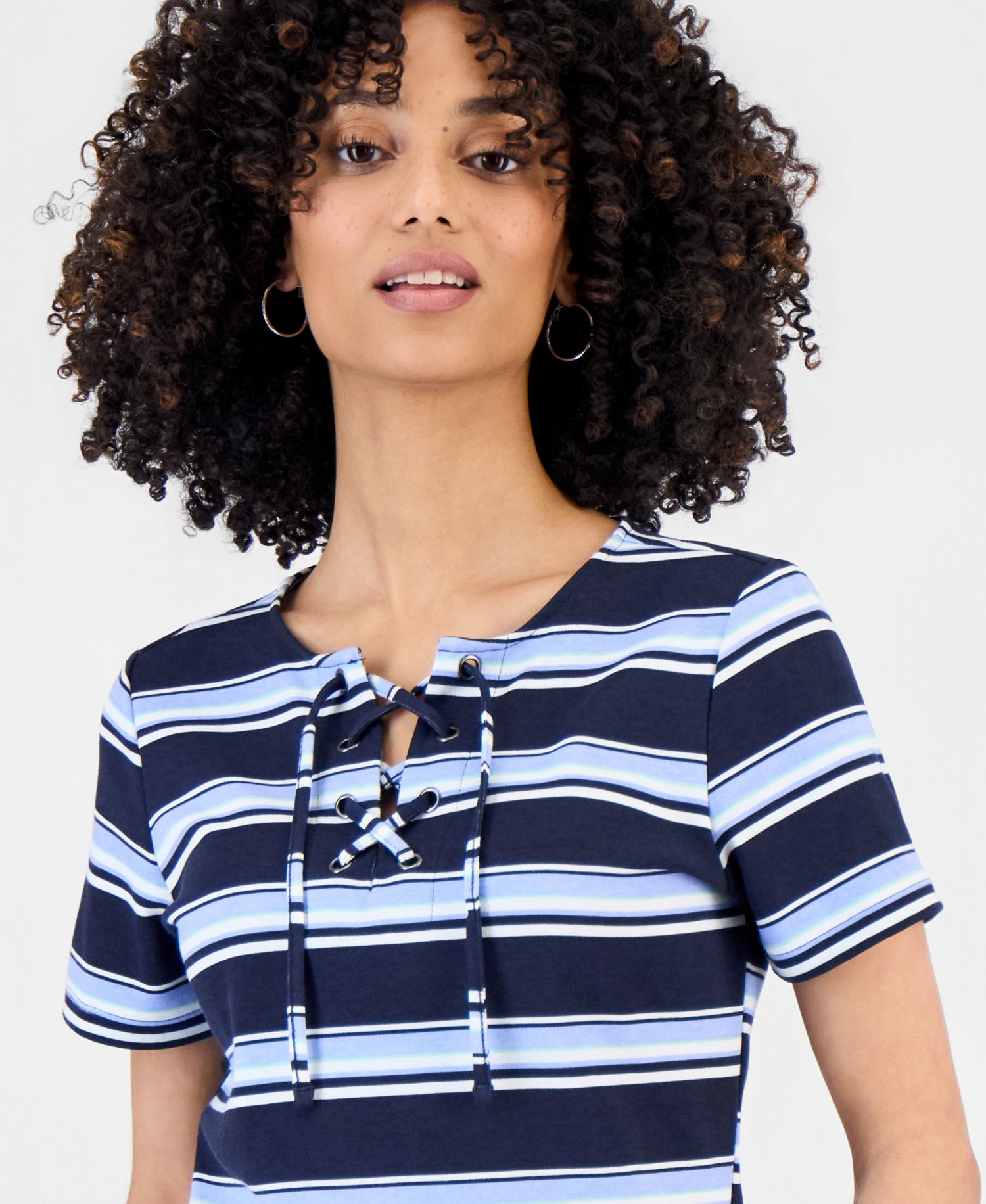 Petite Striped Lace-Up Short-Sleeve Top