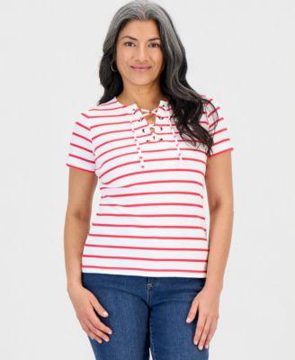 Plus Size Striped Lace-Up Short-Sleeve Top