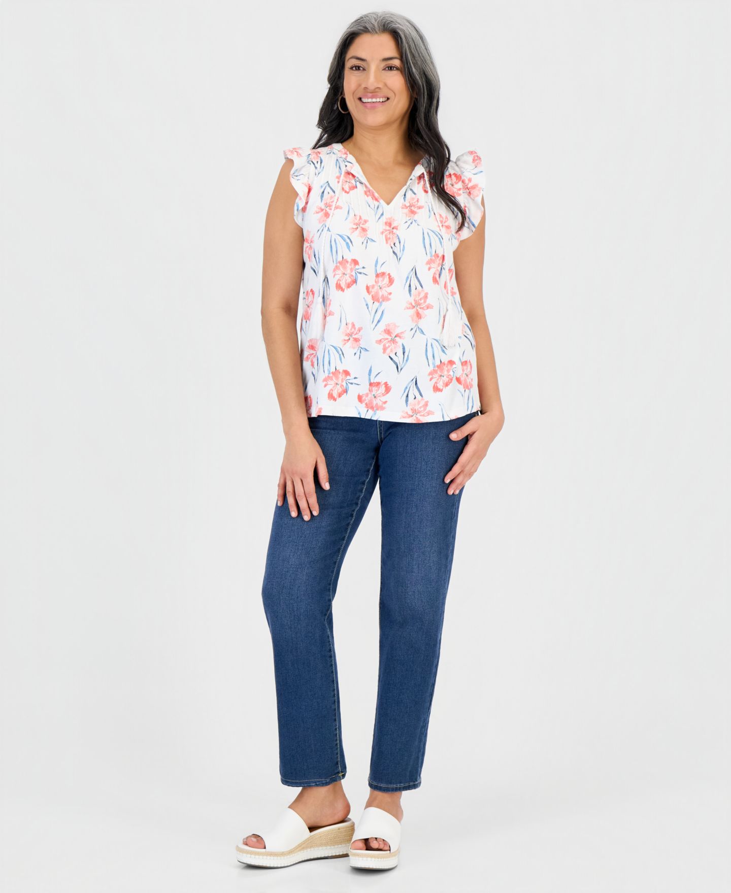 Женский топ Style & Co Petite Tie-Neck Pintuck-Front Ruffled, цвет: Белый комбинированный — фото 3