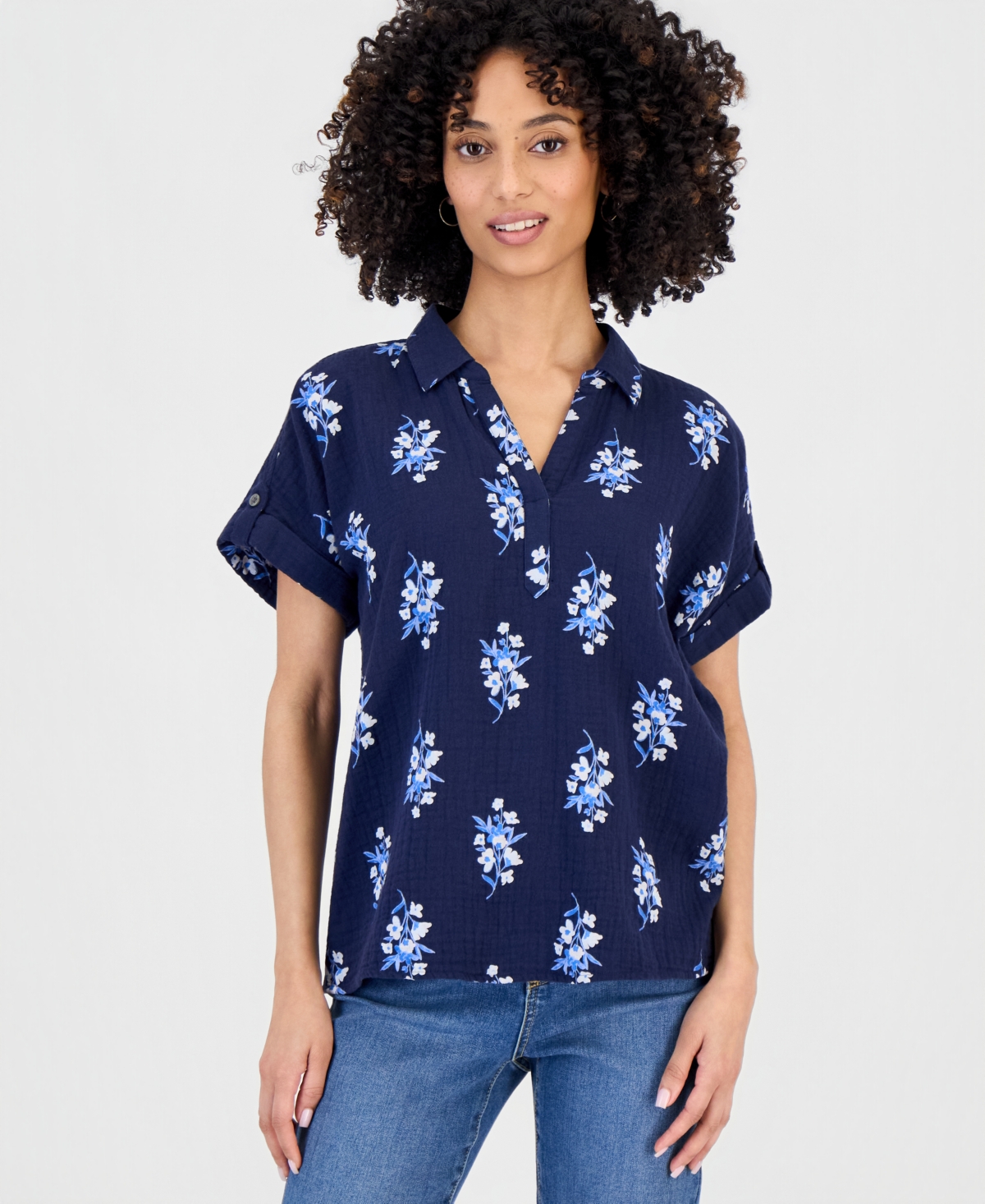 Style & Co Petite Cotton Printed Collared Popover Top, Macy's Exclusive