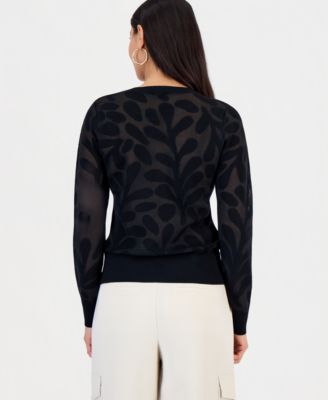 Petite Floral-Jacquard Long-Sleeve Top