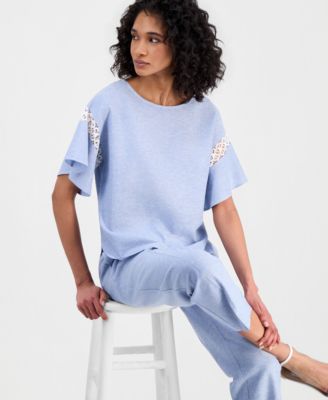 Women's Flutter-Sleeve Lace-Trim Top & Drawstring Pants