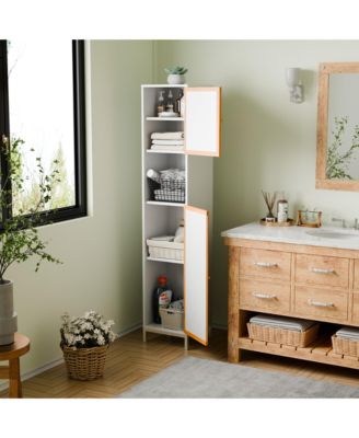 Bathroom Tall Storage Cabinet, Freestanding Organizer with Bamboo Slat Doors, Adjustable Shelves, Modern Narrow Floor Cabinet for Bathroom