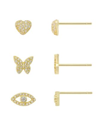 Cubic Zirconia Heart, Butterfly and Evil Eye Trio Earring Set