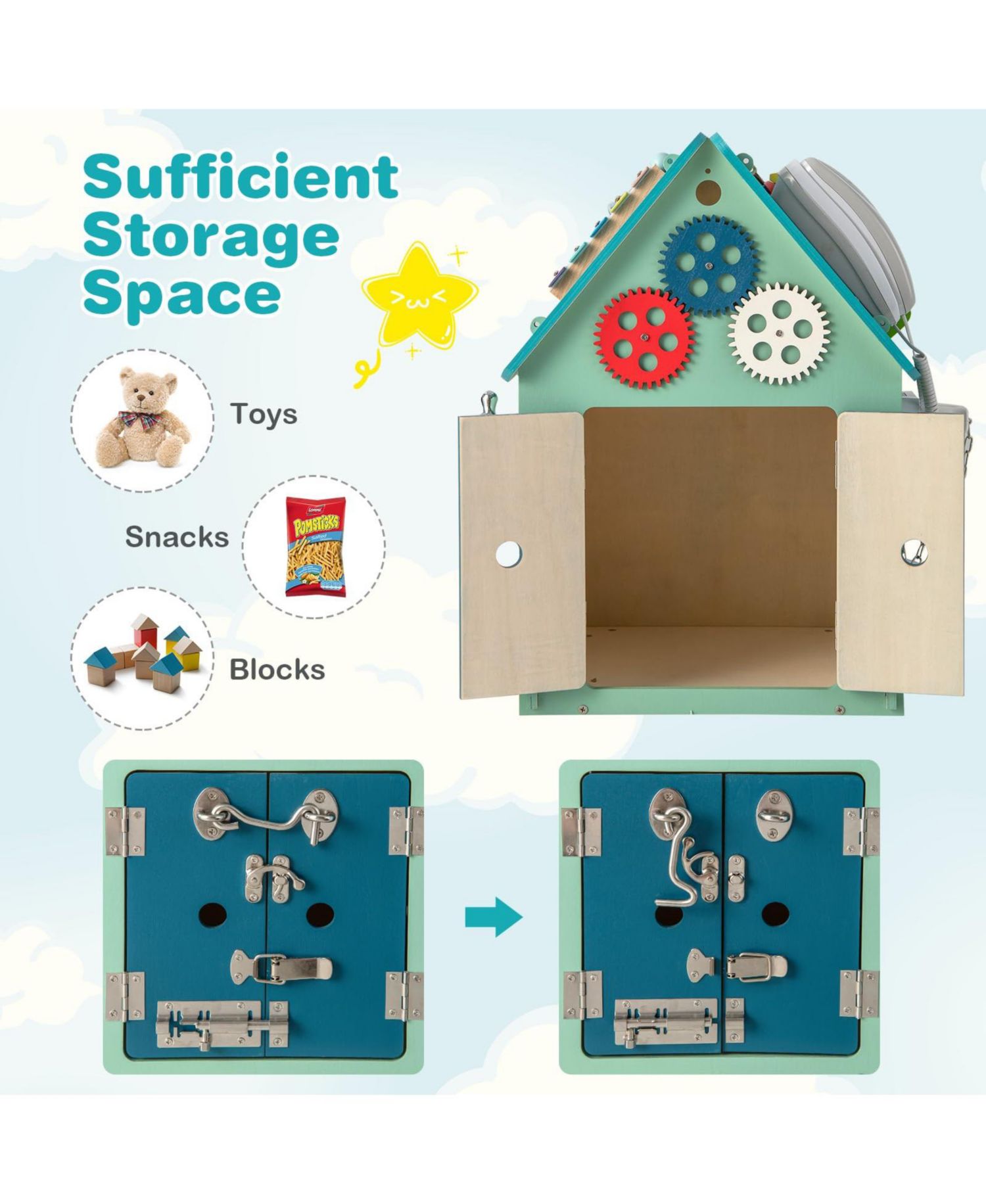 Montessori Playhouse with Sensory Games and Interior Storage, Blue Kids Play Tent