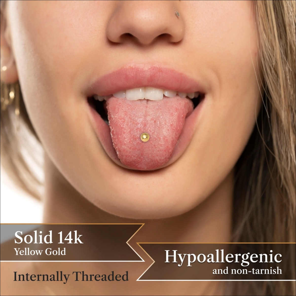 Curata Jewelry Solid 14k Gold Ball Straight Barbell Internally Threaded Tongue Ring