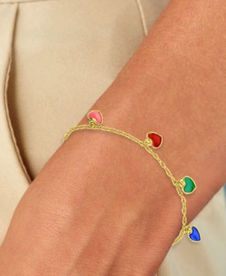 Multicolor Dangling Hearts Anklet in 14k Yellow Gold Over Sterling Silver