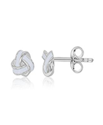 White Enamel Knot Stud Earrings in Rhodium Over Sterling Silver