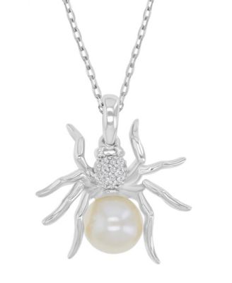 Diamond Accent & Pearl Spider Necklace in Rhodium Over Sterling Silver