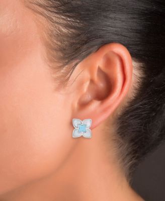 Larimar and Imitation Pearl Flower Stud Earrings in Rhodium Over Sterling Silver
