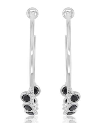 Onyx Circle Dangling Tube Hoop Earrings in Rhodium Over Sterling Silver
