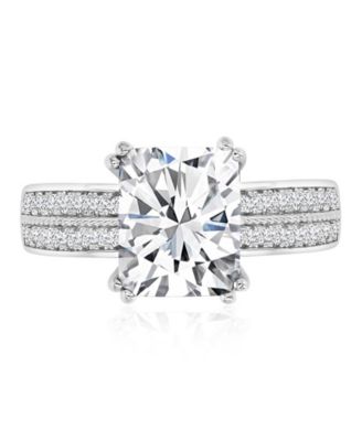 Polished Cubic Zirconia Emerald-Cut Engagement Ring in Rhodium Over Sterling Silver