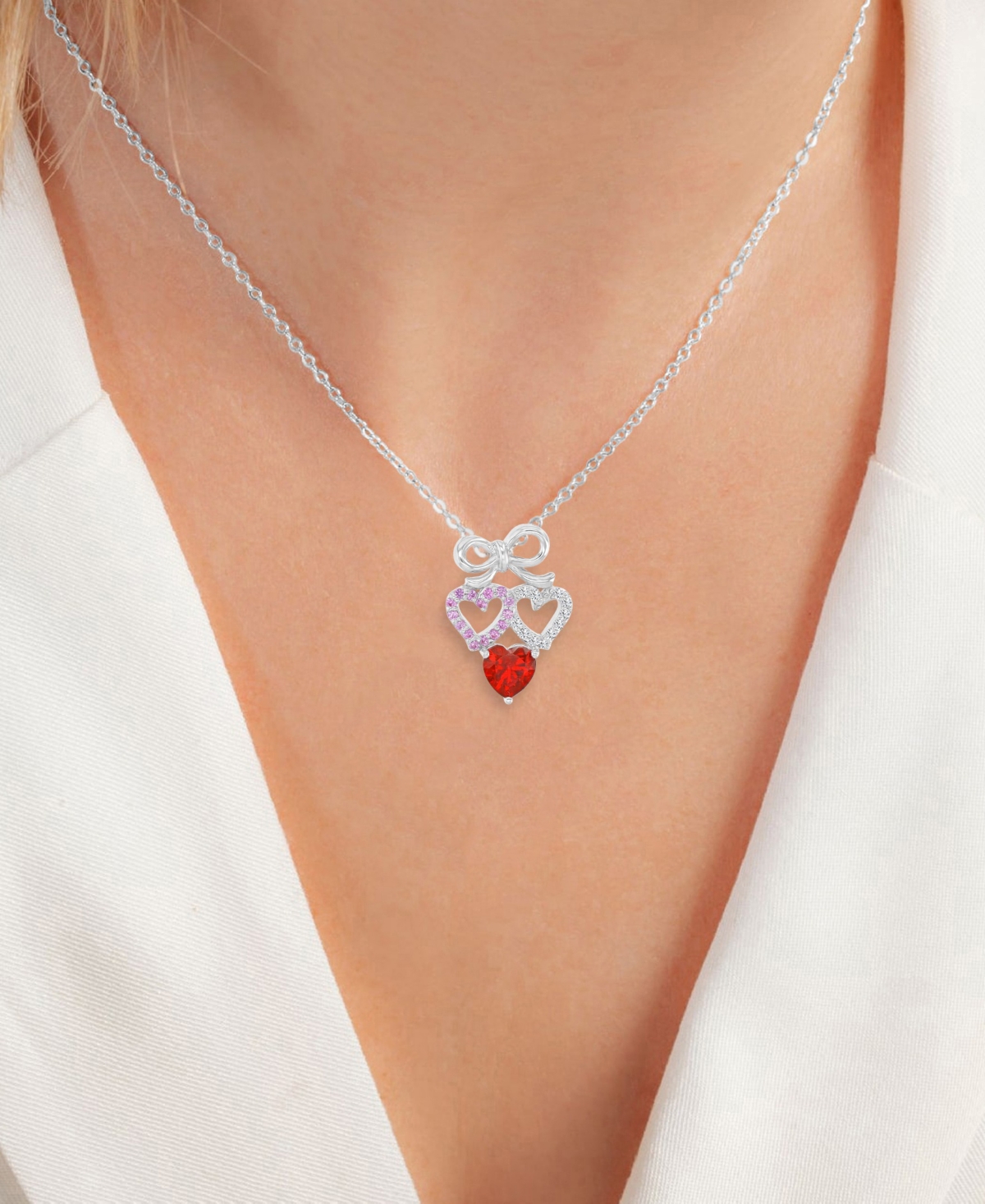 Macy's Ruby and Created White Sapphire Bow With Hearts Necklace in Rhodium Over Sterling Silver
