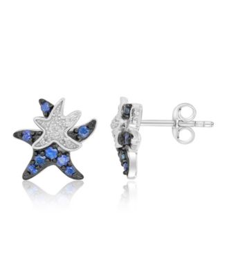White Sapphire and Created Blue Sapphire Duo Starfish Stud Earrings in Rhodium Over Sterling Silver