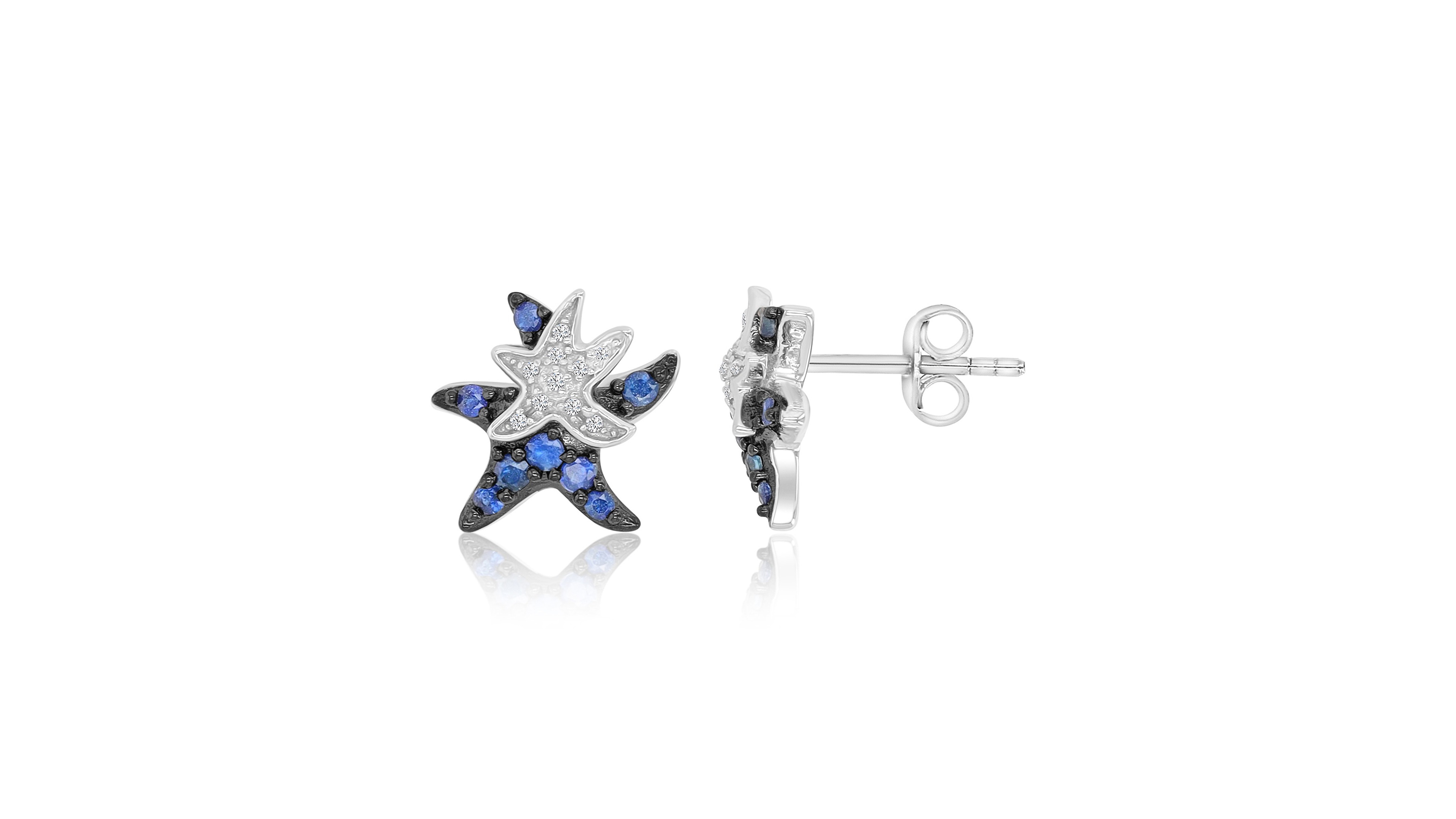 Macy's White Sapphire and Created Blue Sapphire Duo Starfish Stud Earrings in Rhodium Over Sterling Silver