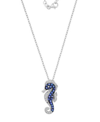 Created White Sapphire & Blue Sapphire Seahorse Necklace in Rhodium Over Sterling Silver