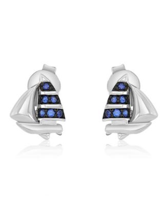 Created Blue Sapphire Ship Stud Earrings in Rhodium Over Sterling Silver
