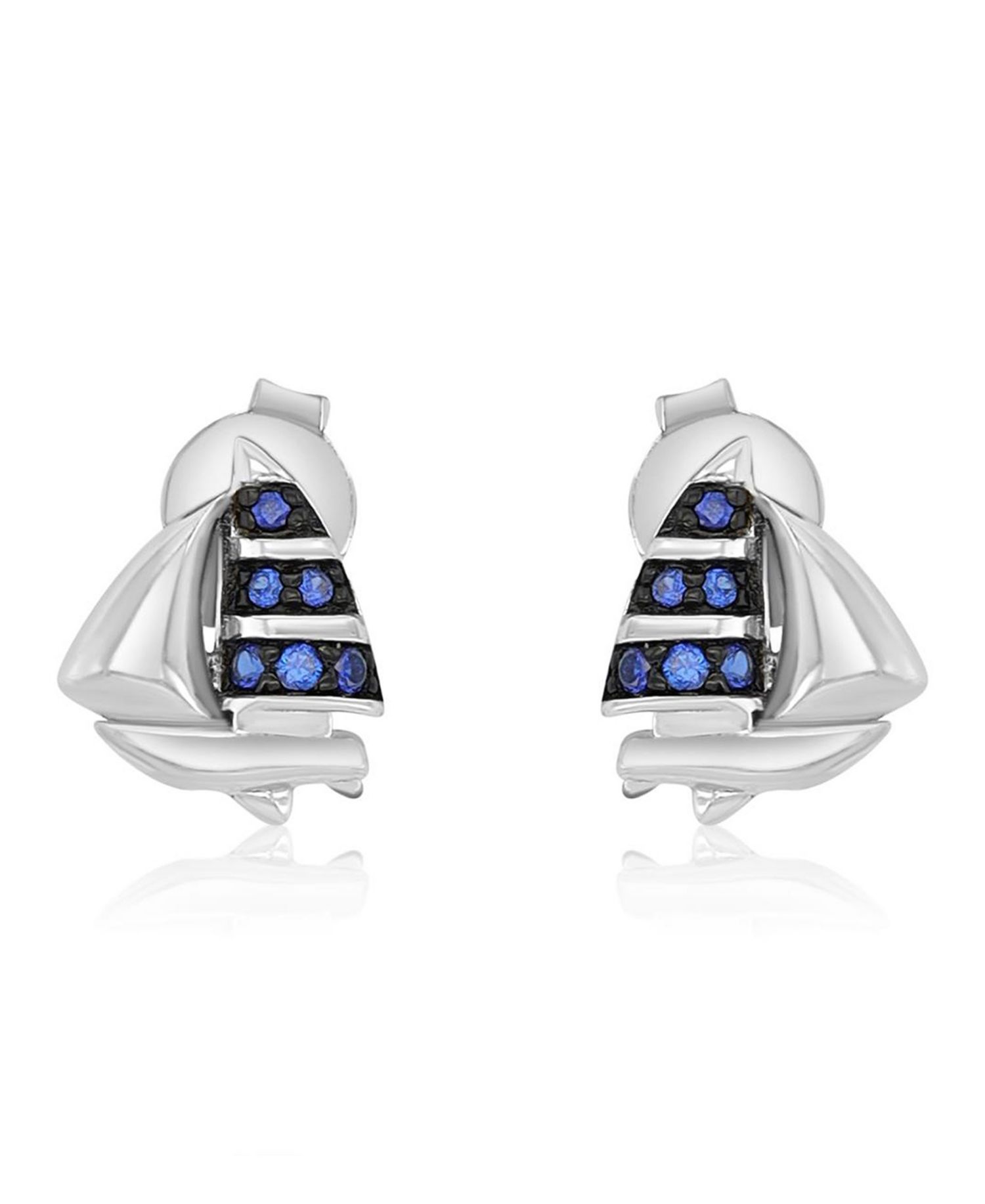 Created Blue Sapphire Ship Stud Earrings in Rhodium Over Sterling Silver