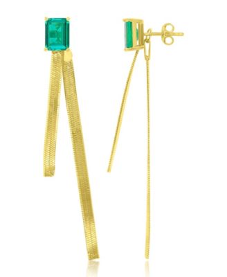 Created Emerald Herringbone Chain Dangling Earrings in 14k Yellow Gold Over Sterling Silver