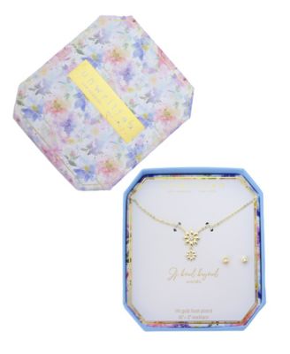 Cubic Zirconia Double Flower Drop Pendant Necklace with Earring Set