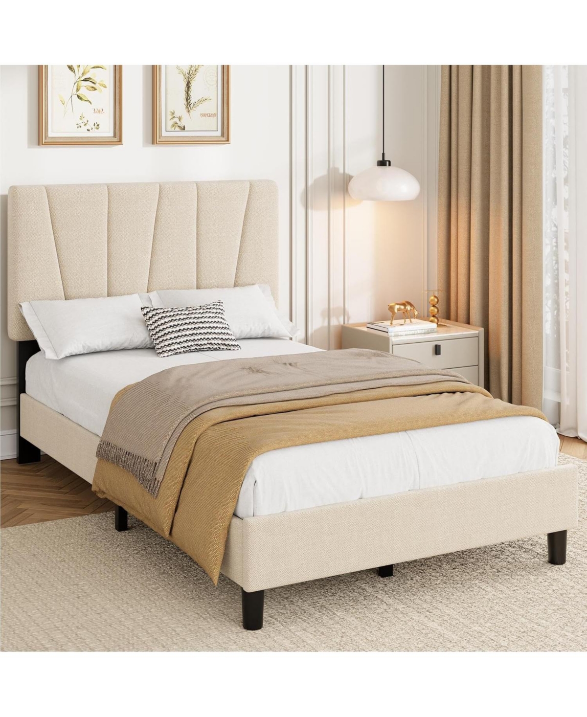 gaomon Bed Frame with Adjustable Headboard, Linen Upholstered Platform, Strong Wood Slats