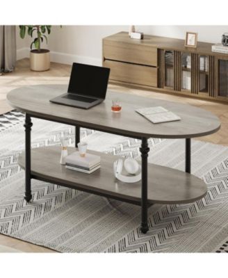 Farmhouse Oval Coffee Table, 2 Tier Center Table with Open Storage, Modern Industrial Tea Table