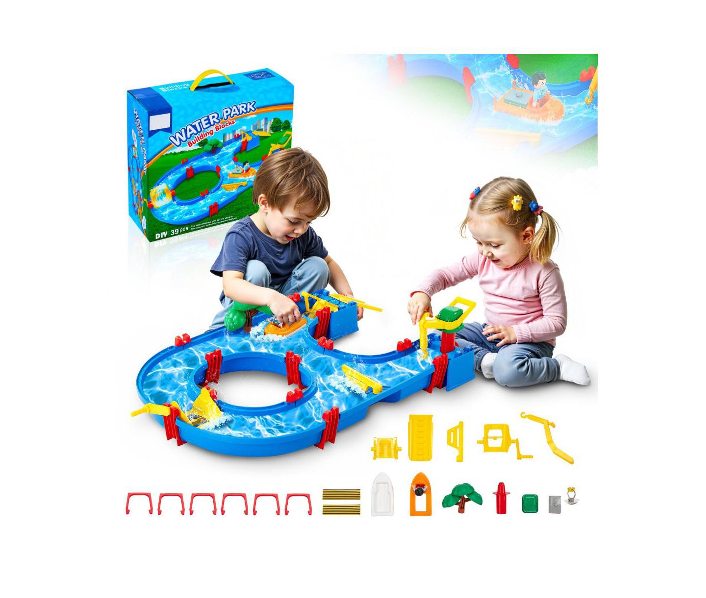 Детский игровой набор Slickblue Kids Waterway Playset with 39 Accessories for Outdoor Fun, цвет: Синий — фото 1