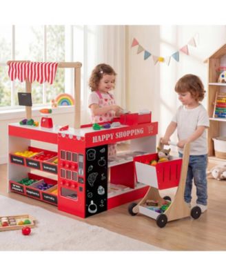 Wooden Kids Grocery Store Playset Pretend Supermarket with Shopping Cart