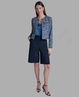 Women's Shoulder Padding Open Front Tweed Jacket